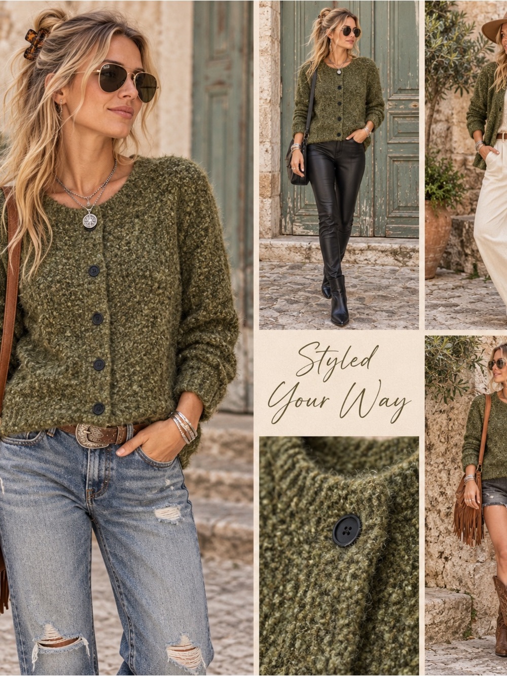 Zenana Outfitters Olive Green Textured Button Cardigan